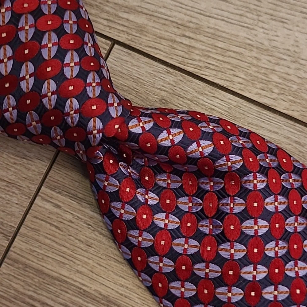 IKE BEHAR Metallic Red Blue Silver Abstract Ovals Pattern Mens Silk Tie